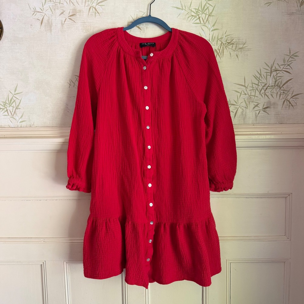Few Moda Red Cotton Gauze Button Front Tiered Ruffle Mini Dress Boho Medium
